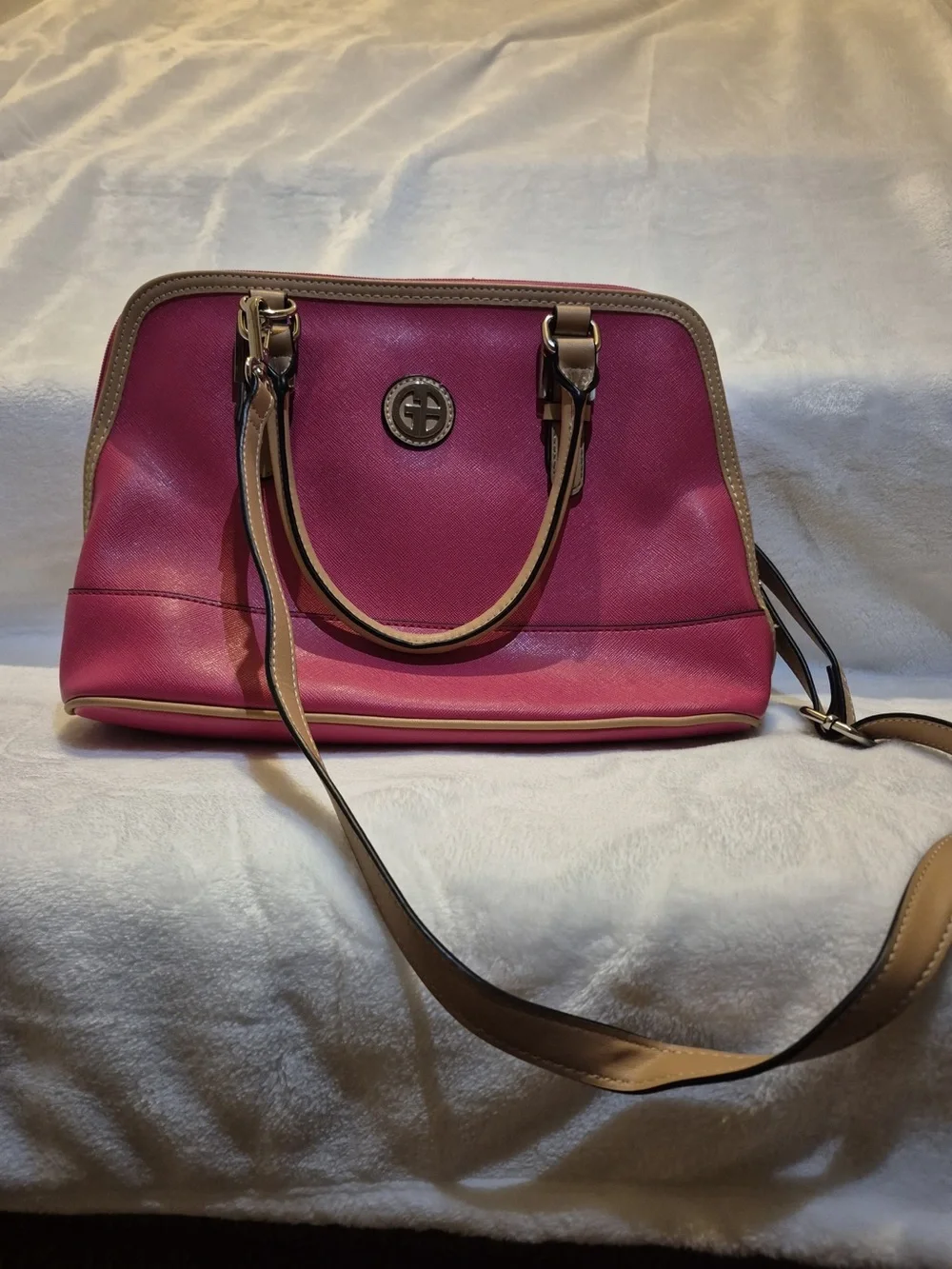 Women's Pink Satchel Handbag with Tan Trim